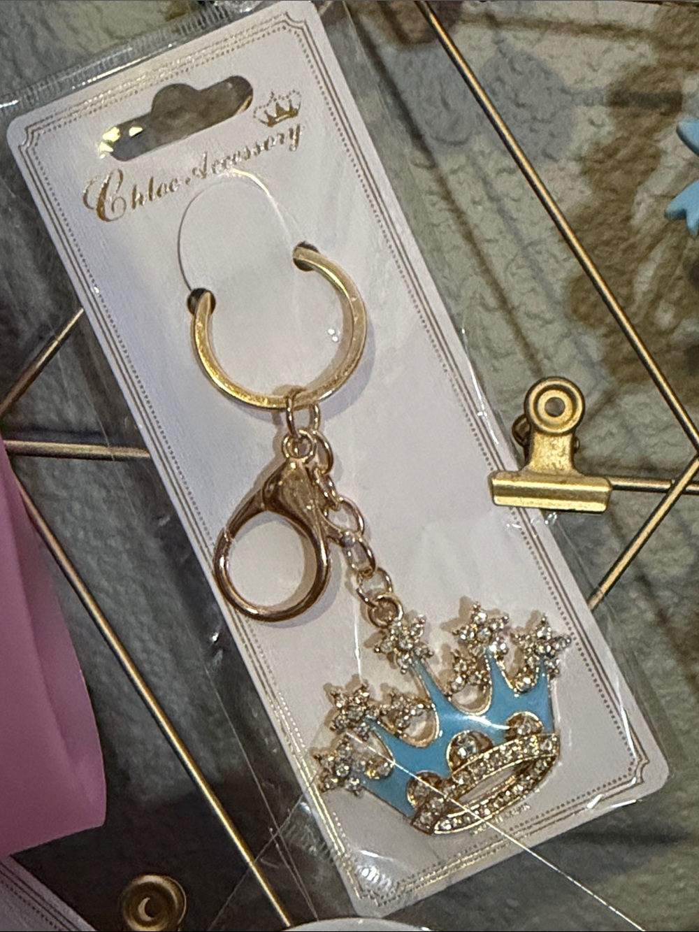 Unlisted Gold-Tone Blue Crown Keychain Charm